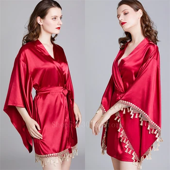 

Red Bride Wedding Japanese Traditional Clothing Kimono for Women Girls Golden Tassel Short Sexy Sleepwear Cardigan Solid Robe