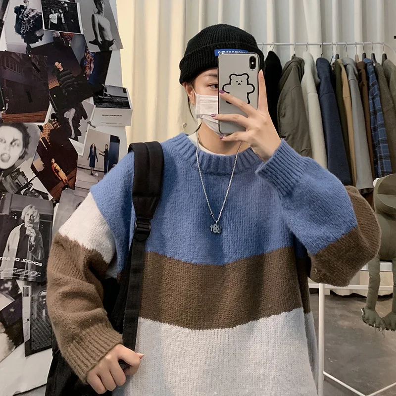 Men Sweater Knitted 2022 Autumn Winter Patchwork Stripe O-Neck Pullover Warm Korean Harajuku Fashion Men Women Oversize Sweaters