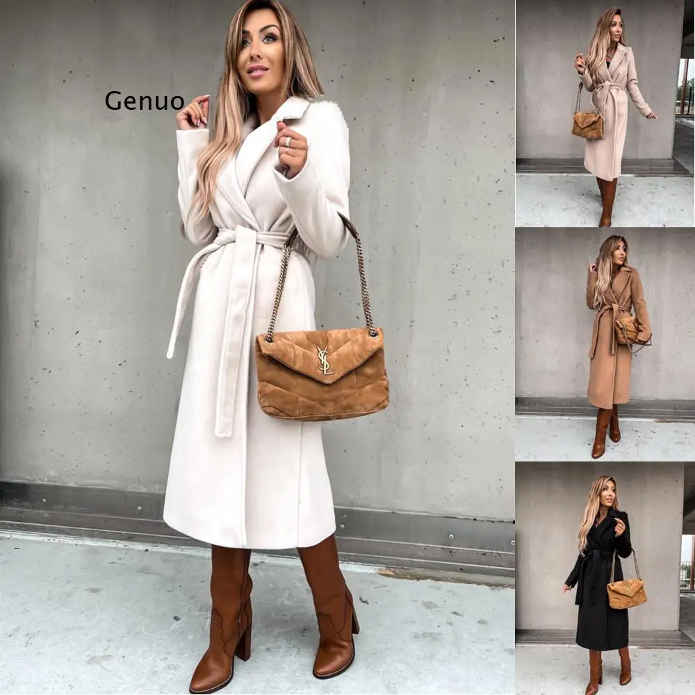 2021 European and American Pure Color Autumn and Winter Simple Long-Sleeved V-Neck Tie Woolen Coat Top Women's Clothing 2021 autumn and winter new women s simple long sleeved v neck tie woolen coat ol commuter fashion temperament woolen coat women