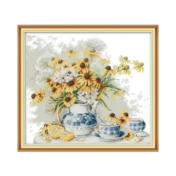 

Daisies and Blue and White Porcelain Flowers Patterns Cross Stitch Kits Sale 14CT 11CT Printed Fabric Embroidery Needlework Kits