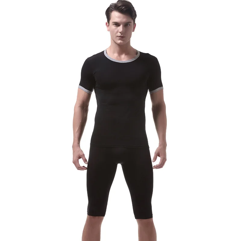 Мужские комплекты нижнего белья, шелковые прозрачные футболки с короткими рукавами+ штаны, Ультратонкие мужские топы, классная теплая Пижама прозрачный костюм - Цвет: Черный