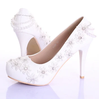 

Spring And Summer Beautiful Formal Dress Shoes White Lace Flower Bridesmaid Shoes 4 Inches Stiletto Heel Women Platforms