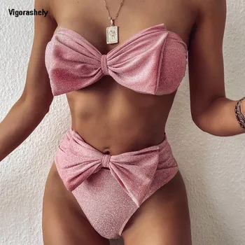 

Vigorashely Bow-Knot Swimwear Women Sexy Off Shoulder Bikini Set 2020 Swimsuit Female High Waist Bathing Suit Biquini Swim Wear