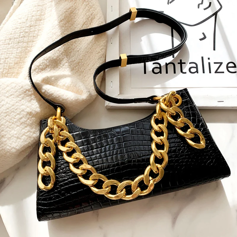 

Chain PU Leather Solid Color Shoulder Bags For Women Fashion Black Travel Handbags Lady Simple Hand Bag Female Elegant