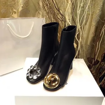 

Luxury Genuine Sheepskin Leather Women Mid Boots Runway Metal Diamond Round Toe Ladies Party Club High Heels Shoes Pumps