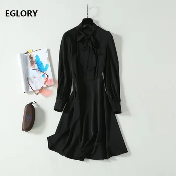 

High Quality Black Dress 2020 Spring Summer Women Bow Tie Elegant Long Sleeve A-Line Solid Dress Ladies Casual Work Dress Office