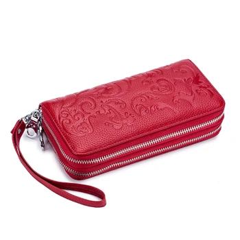 

Fashion Carving Flower Womens Wallets and Purses Genuine Leather RFID Clutch Hand Bag Lady Girls Double Zipper Cell Phone Pouch