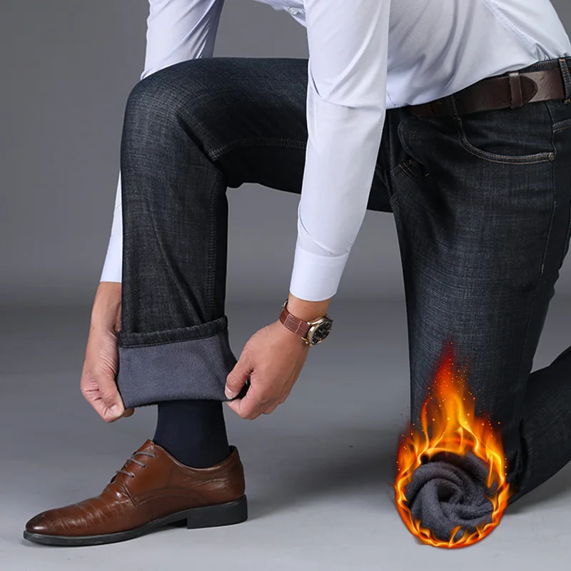 Brand Jeans Men Warm Winter Straight Fleece Pants Male Classic Business Casual Long Trousers Big Size 29-42 Black High Quality