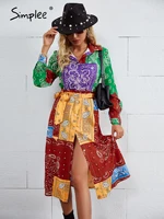 V-neck long sleeves lace up buttons floral beach maxi shirt dress women Holiday split sash dresses looses