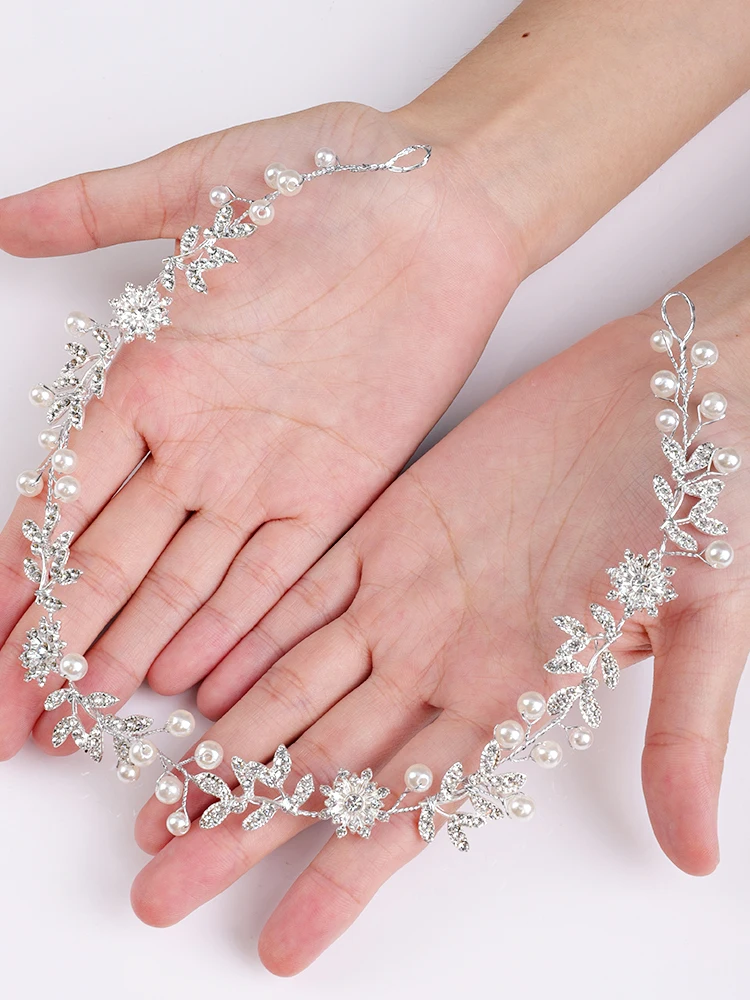 Bridal Rhinestone Flower Tiara Headbands Pearl Hair Jewelry Wedding Hair Accessories Handmade Prom Piece