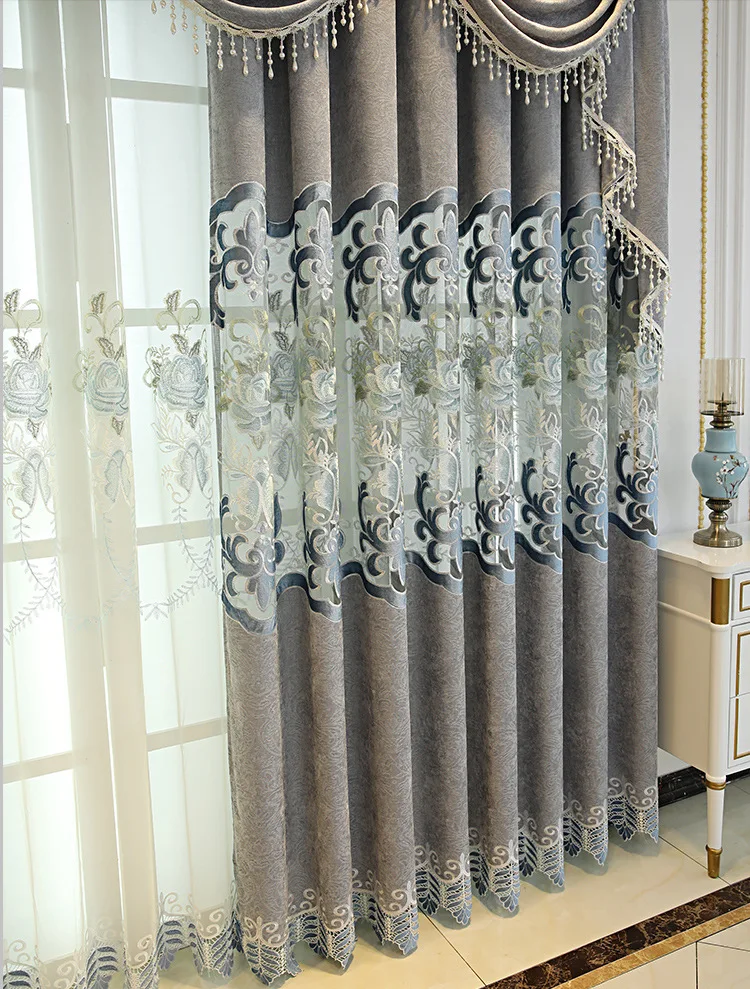 European Style Curtains for Living dining Room Bedroom Grey Chenille Jacquard Embroidered Curtains Valance Curtains