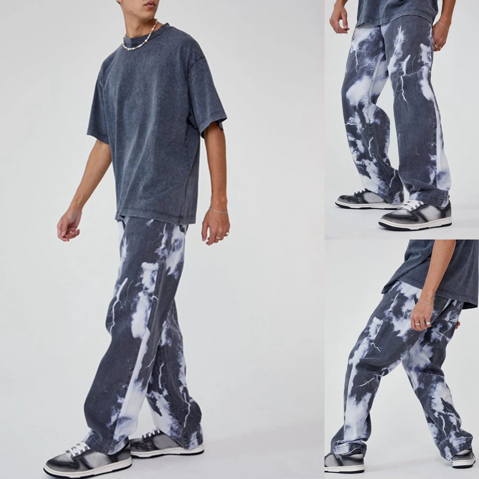 Jeans da Skate larghi da uomo pantaloni a gamba larga con stampa a nuvola  di fulmini Color Block con tasche pantaloni larghi dritti in Denim  Streetwear|Skinny Pants| - AliExpress