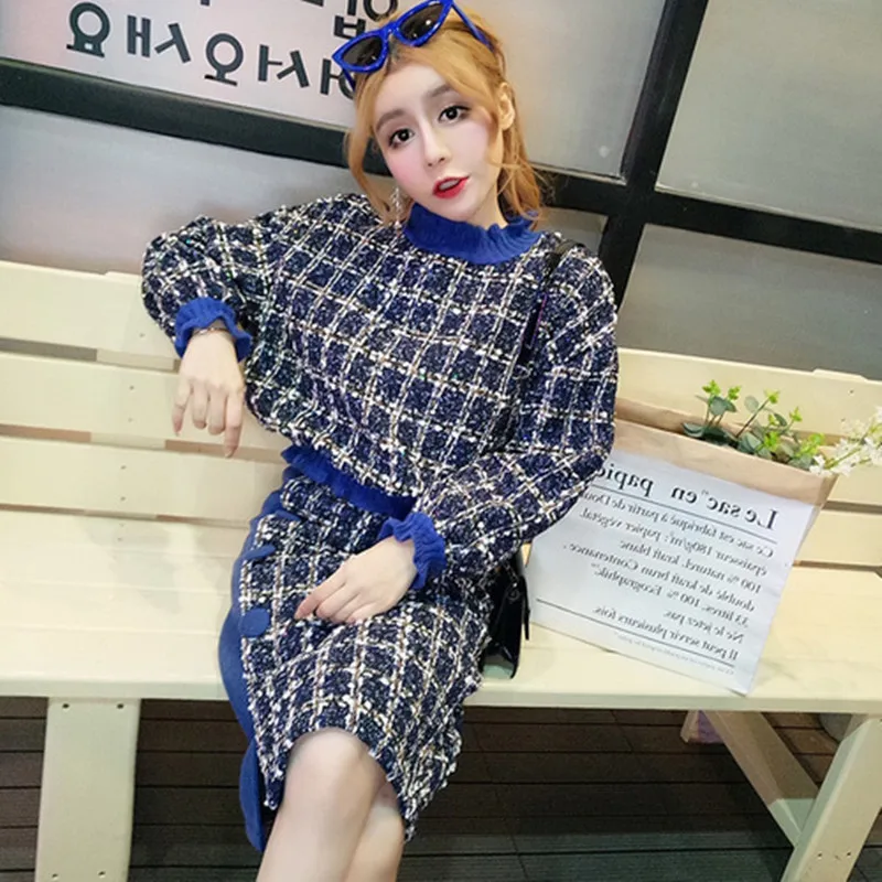 

Korean Edition 2019 Autumn Winter New Pattern Women Fashion Tweed Splicing Knitting Top+Half Body Skirt Two Piece Suit