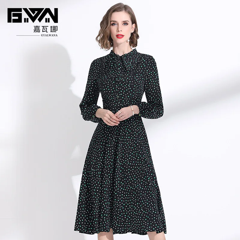 

Brand Spring Women Dot Printing Vintage A-line Dresses High Quality Bowtie Collar Long Sleeved Vestidos for Female