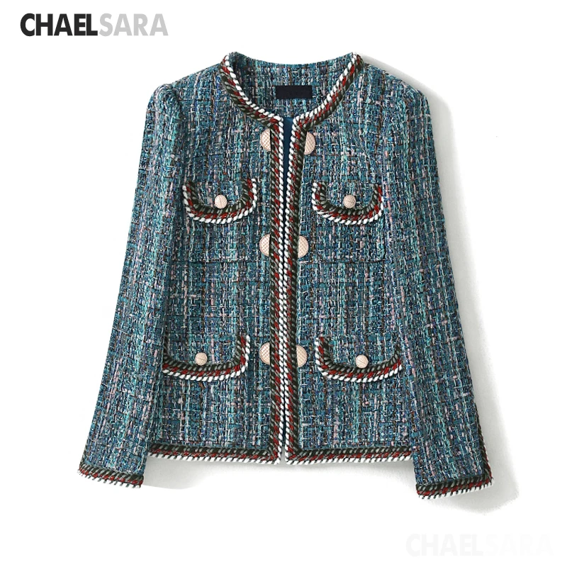 

Spring 2020 New Women Elegant Green Jackets O Neck Long Sleeve Pockets Design Tweed Female Slim Outwear Tops