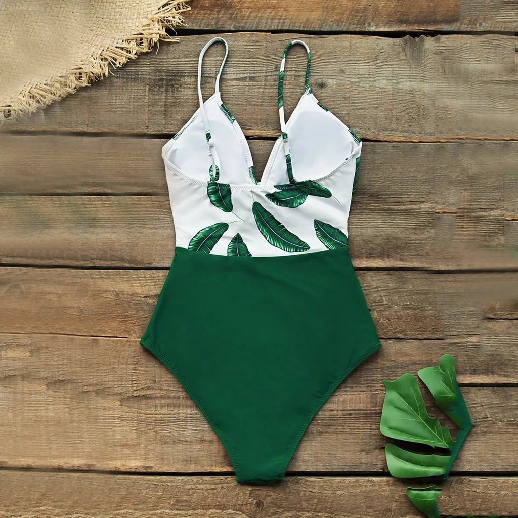 JAYCOSIN large size stitching color swimwear women sexy one-piece green leaves print bikini sling beach bath new swimwear 2020 