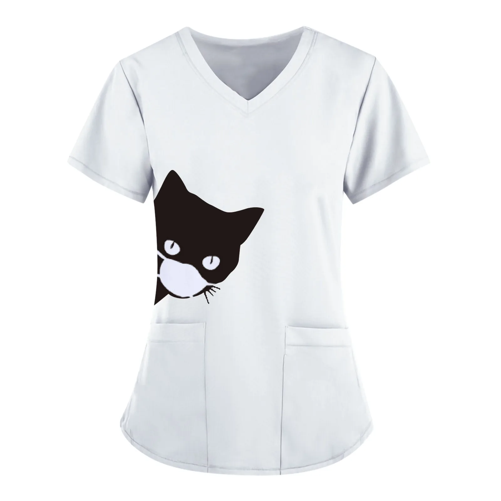 Unisex Working Uniform Black Cat Print Pocket Blouse Nurse Uniform Women Short Sleeve V-neck Scrub Tops Healthcare Carer Tunic