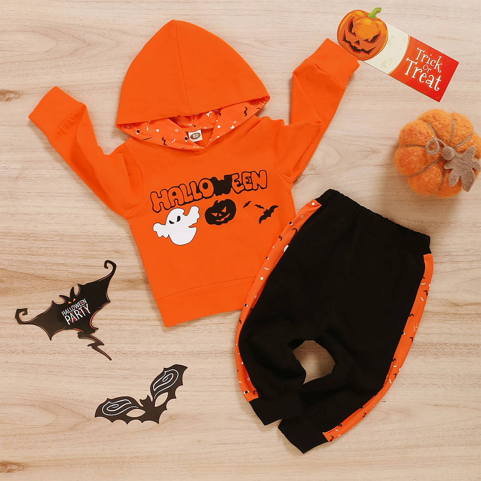 2Pcs Kids Boys/Girls Halloween Clothes Sets Letters Hooded Long Sleeve Pullover + Splicing Elastic Waist Trousers | Мать и ребенок