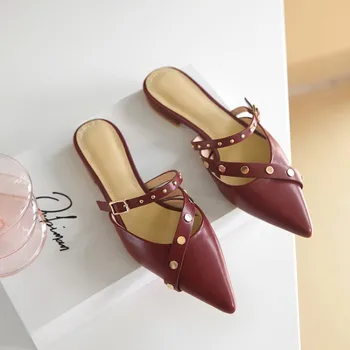 

kmeioo summer fashion rivets mule slides pointed toe flat mules shallow mule sandals casual cowskin mule slippers