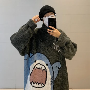 Men Turtlenecks Shark Sweater Men Winter Patchwor Harajuku Korean Style High Neck Oversized Grey Turtleneck For Men 3