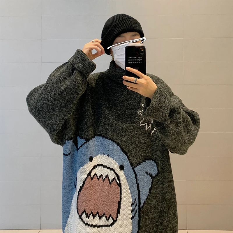 ZAZOMDE Men Turtlenecks Shark Sweater Men 2020 Winter Patchwor Harajuku Korean Style High Neck Oversized Grey Turtleneck For Men