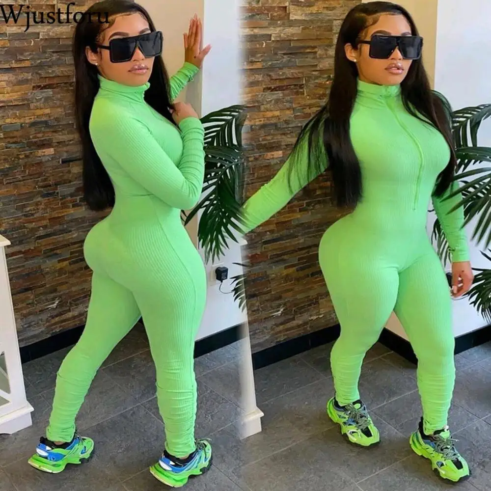 Wjustforu Ribbed Jumpsuit For Women 5 Color Skinny Sexy Zip Neck Rompers Womens Casual Pencil Overalls Vestidos | Женская одежда