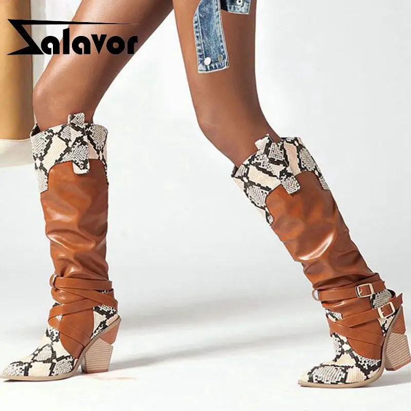 

ZALAVOR Patchwork Knee High Boots For Women Fashion Wedges Shoes Women Pointed Toe Buckle Snakeskin Pattern Footwear Size 33-46