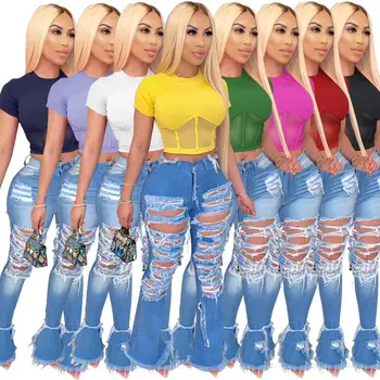 

Casual Women Ribbed Tops Short Sleeve Skinny Ribbed Crop Top High Elasticity Ribbed Teeshirt Raised Lines Pattern Tops