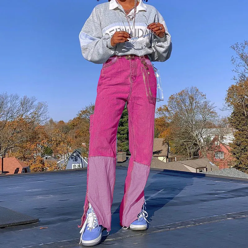 

2020 Women Ripped Jeans Color-blocking Pocket Decoration Split Trousers Ladies Loose Straight-leg Jeans High Street Hip-hop Wear