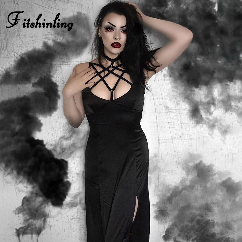 Fitshinling Grunge Goth одноцветное осеннее платье мягкое Открытое Харадзюку с открытой