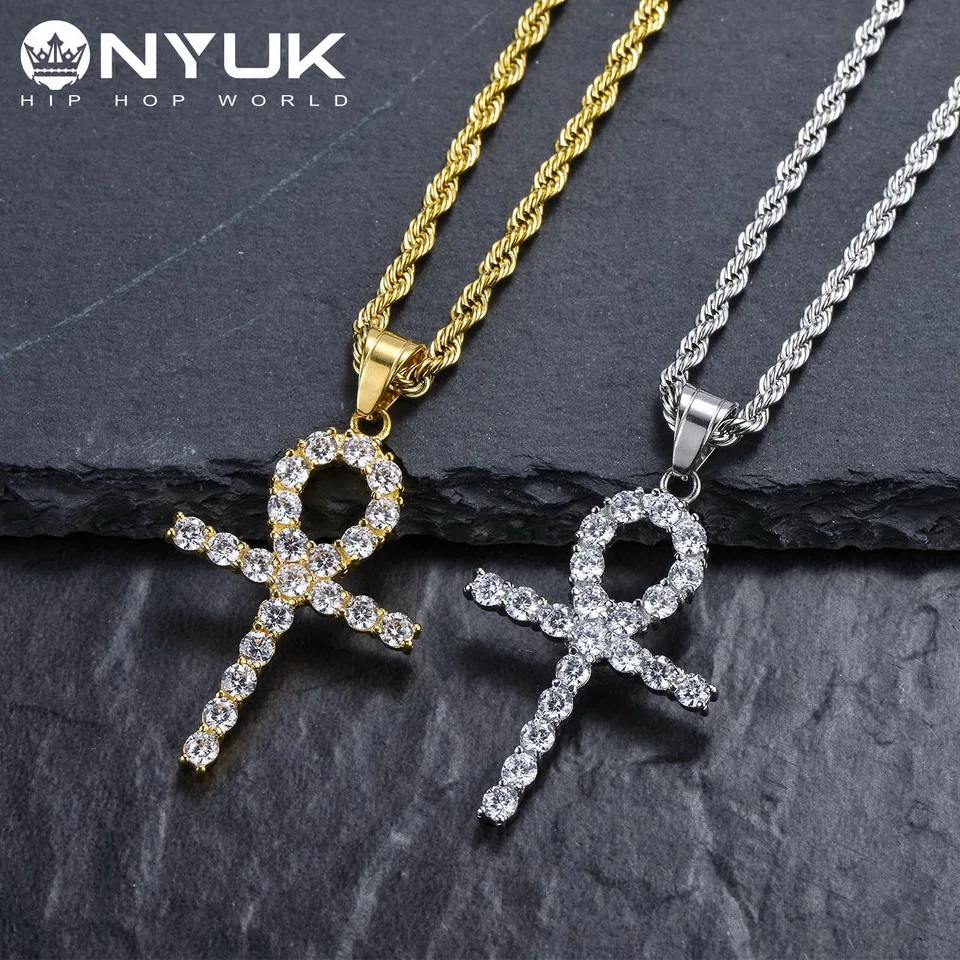 NYUK Iced циркон крест АНХ Кулон золото серебро материал CZ Египетский ключ жизни