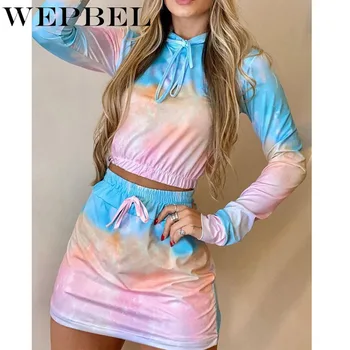 

WEPBEL Women's Stitching Printed Fashion Suit Autumn Long Sleeve O-Neck Lace-up Short T-shirt + Lace-up Mini Skirt Casual Suit