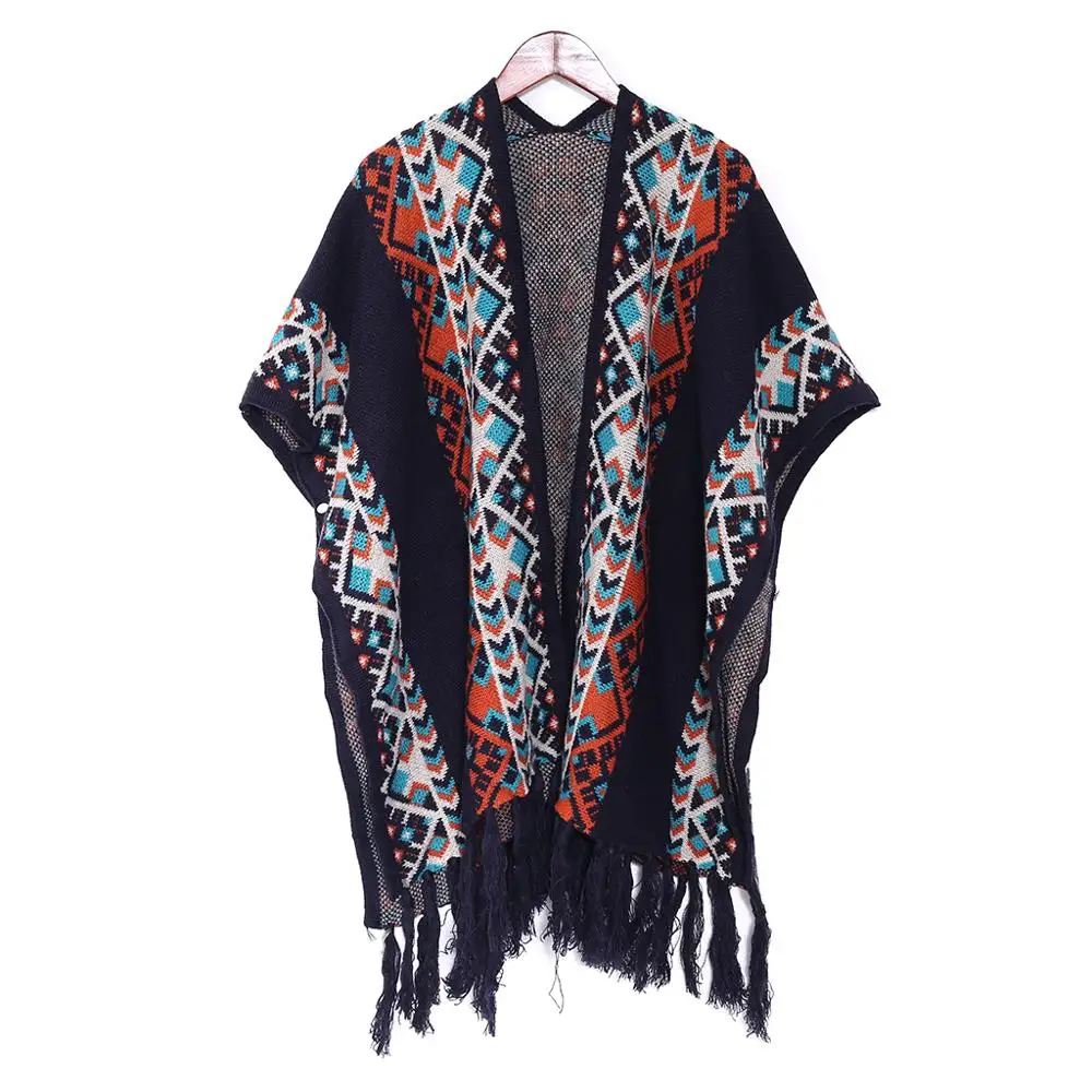 BK Этнический стиль негабаритных пончо одеяло Геометрические полосы контрастного цвета кардиган свитер женский Зимний кисточкой шаль шарф - Цвет: BK