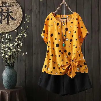 

Women's Printed Blouse 2020 ZANZEA Kaftan Polka Top Chemise Short Sleeve Tee Shirts Female Lace Up Blusas Plus Size Summer Tunic