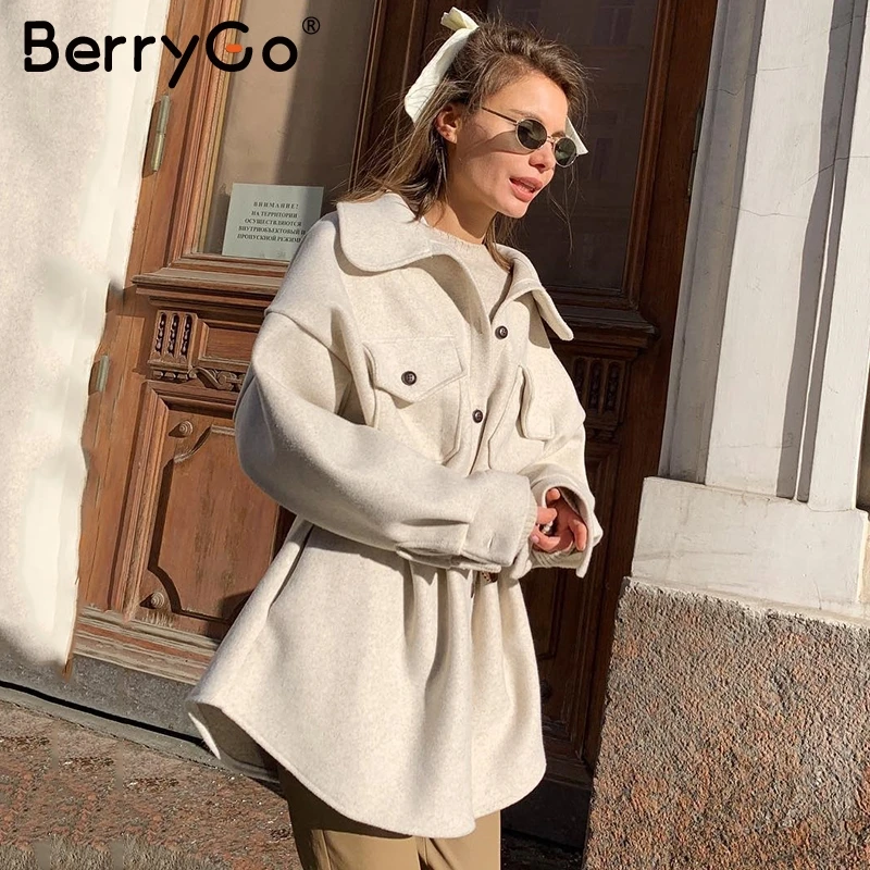 apricot BerryGo, винтажная уличная одежда, Свободное пальто, женское, повседневное, негабаритное, для девушек, пальто, карманы, пояс, осень, зима, женское твидовое пальто - Цвет: apricot