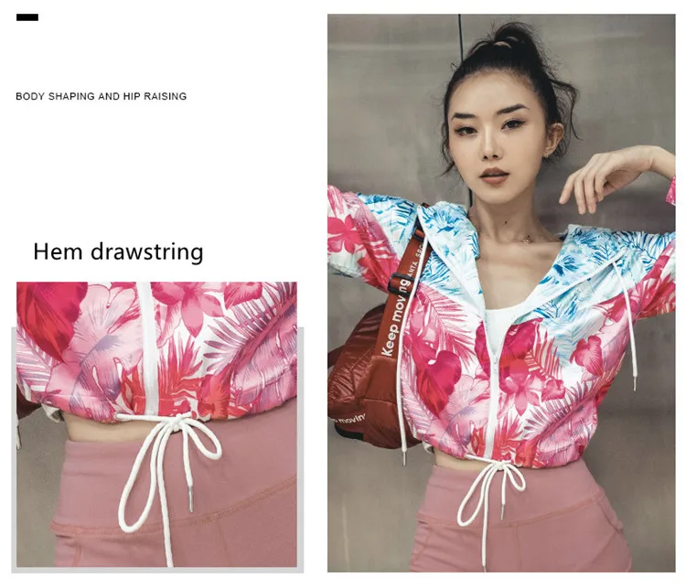New Thin style Women Running Jacket Floral Printed Yoga Zipper Jackets Drawstring hem Sport Coat Fitness Outwear Tops
