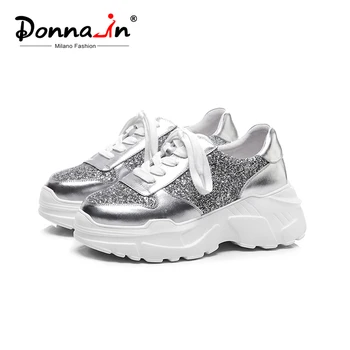 

Donna-in Glitter Platform Sneakers Women Natural Leather Lace Up Chunky Bling Womens Shoes Spring Fashion Sliver High Heel Shoes