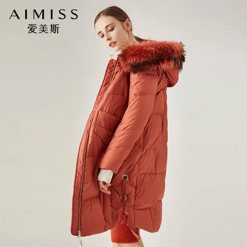 AIMISS Фирменная Новинка для женщин натуральный пуховик Толстая куртка перо мех с капюшоном модные длинные рукава красный цвет повседневное длинное пальто Темный пух
