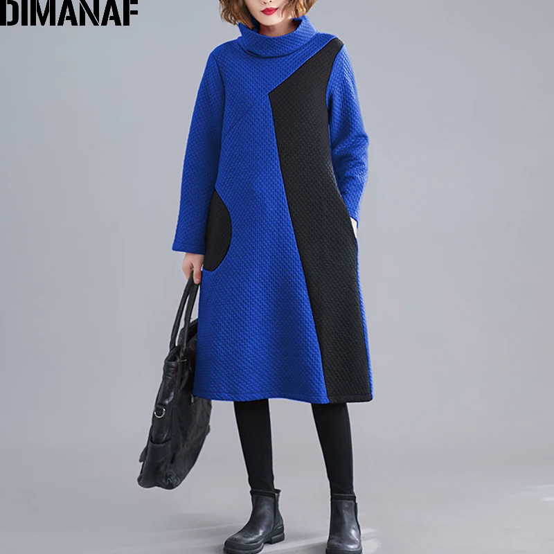 DIMANAF, женское платье, Ретро стиль, длинный рукав, зима, осень, толстый хлопок, женское, свободное, повседневное, Vestidos, водолазка, платье в стиле пэчворк