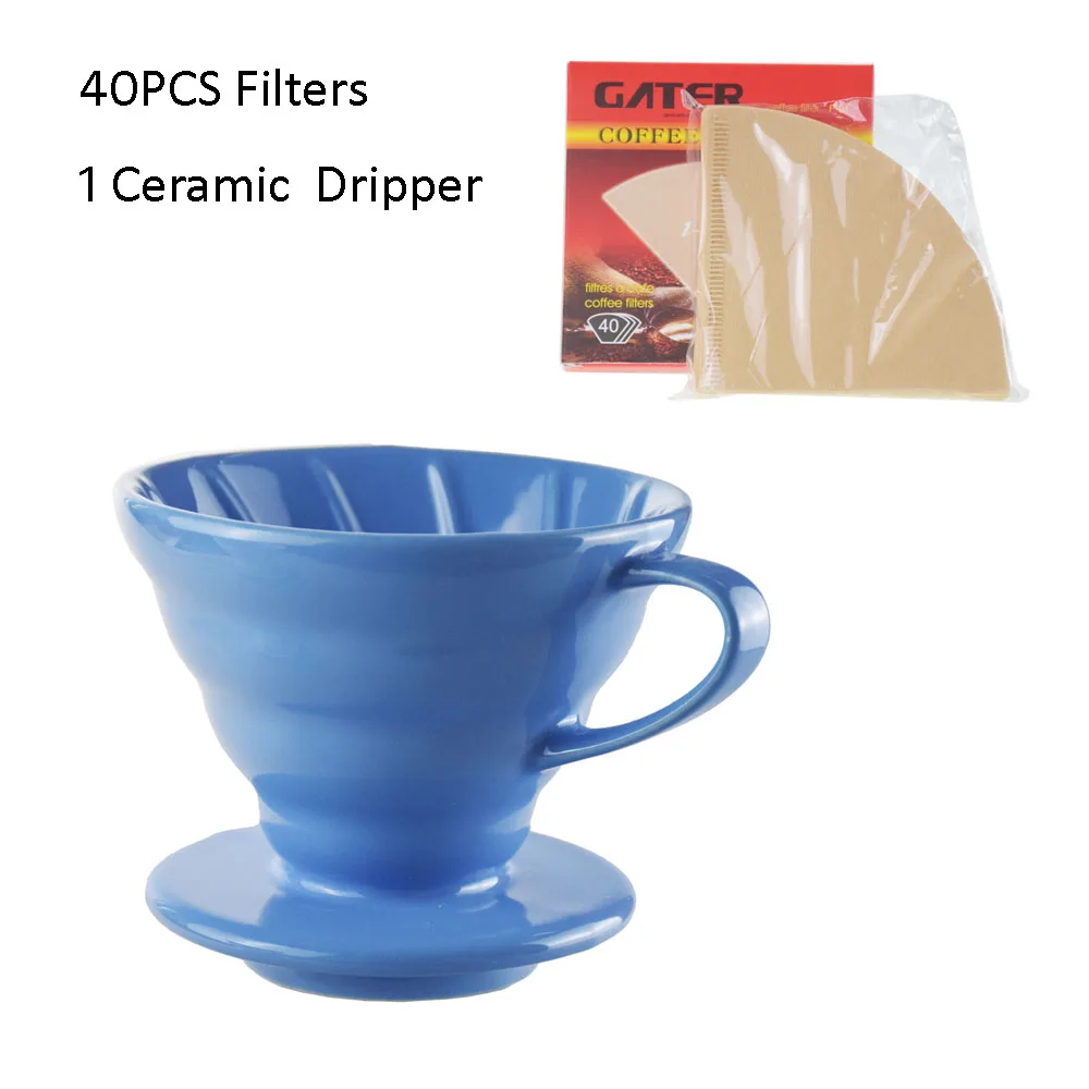 Size 02 Ceramic V60 Pour Over Coffee Dripper Barista Coffee Maker Percolator with Paper Filters 40pcs