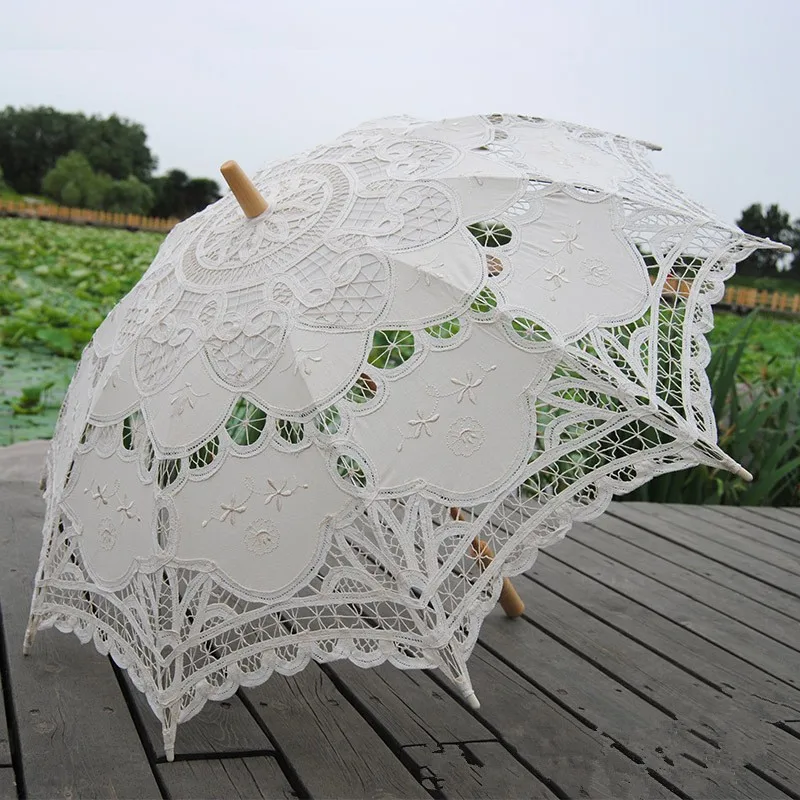 New Sun Umbrella Cotton Embroidery Bridal Umbrella White Ivory Battenburg Lace Parasol Decorative For Wedding