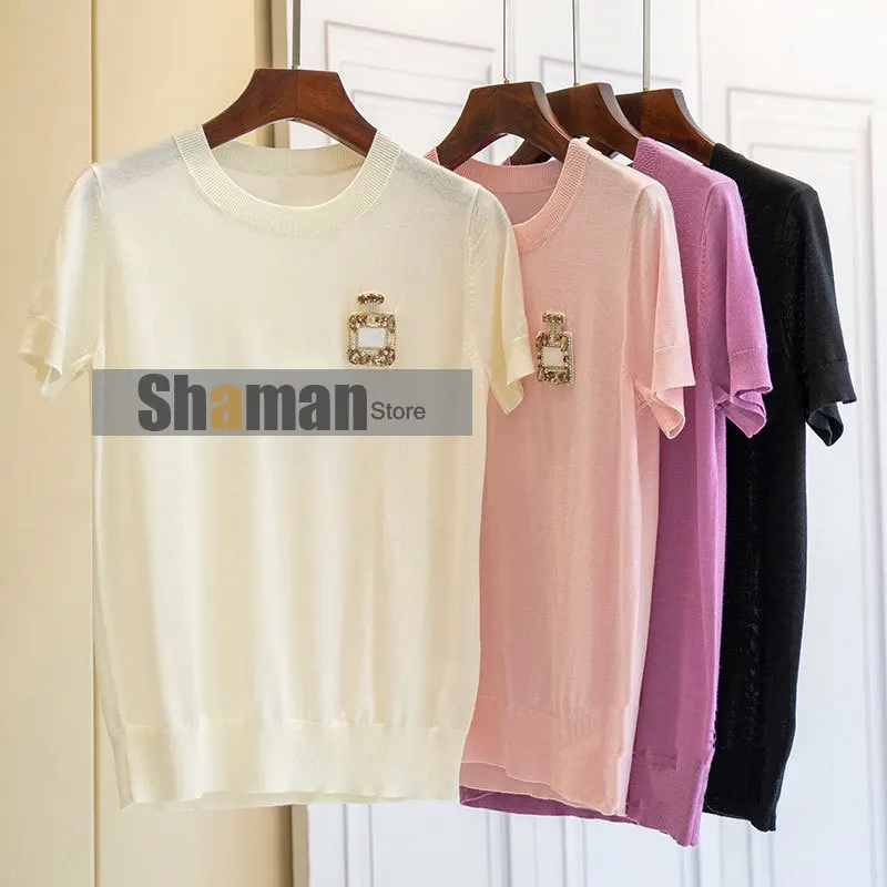 

Paris Designer Summer O Neck Short Sleeve Thin Viscose Fiber Wool blended Perfume bottle design knitted Shirt T-shirt Women topS
