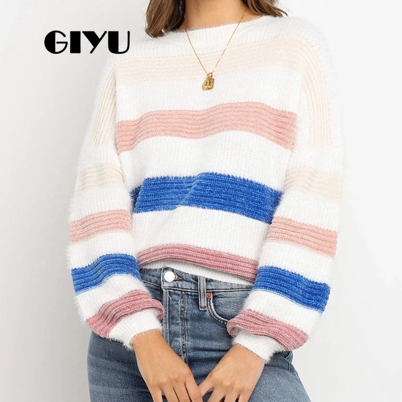 

GIYU O Neck Striped Patchwork Sweater Loose Autumn Winter Knitted Jumpers Drop Shoulder Pullover sueter mujer invierno