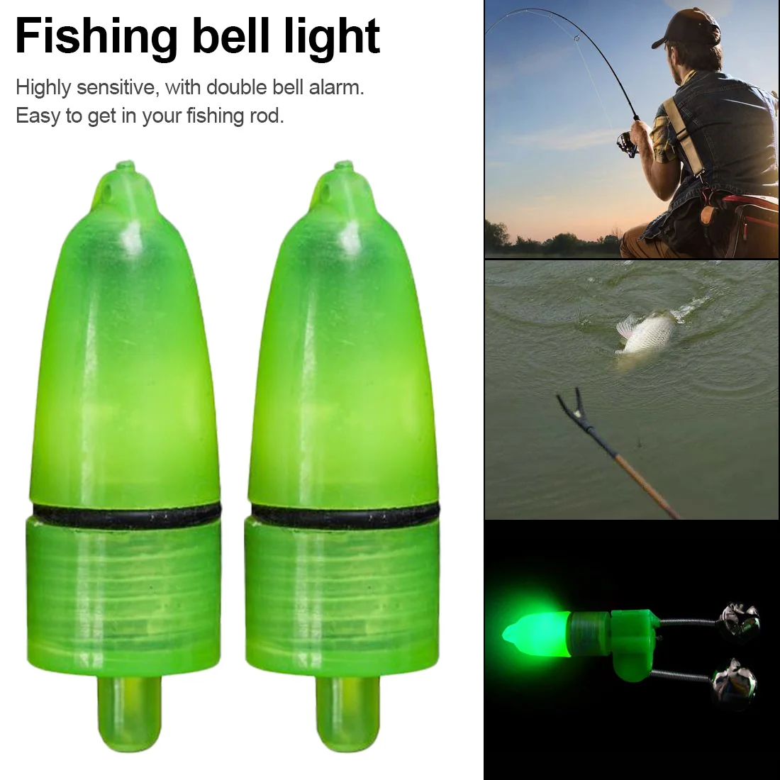 10Pcs 2in1 Night Fishing Rod Tip Clip LED Light Twin Bells Ring Fish Bite A Q1X2 