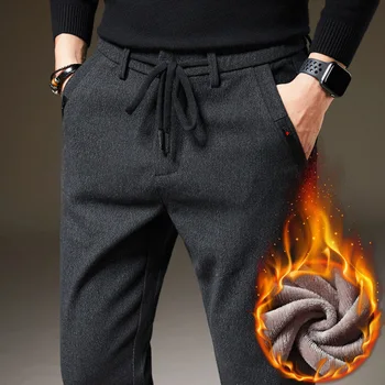 Men's Winter Warm Thick Fleece Pants Office Trousers Pants Slim Fit Office Pants Male Navy Black Winter Pants Trousers Office Use 1