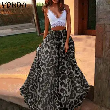 

Women Long Maxi Leopard Printed Pleated Skirt VONDA Summer 2020 Female Bottom Skirt Leisure Party Night Club Ladies Skirt