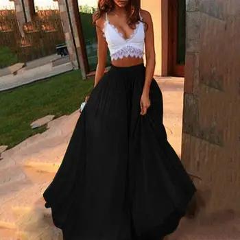

Fashion Wild Women Solid Color Chiffon Elastic Waist Party Double Swing Long Skirt