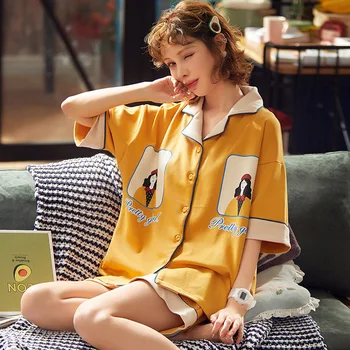 

2020 summer yellow cartoon women's pajama sets short sleeved female sleepwear