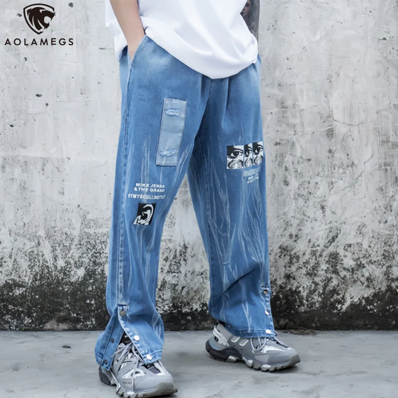 

Aolamegs Men Jeans Comics Print Detachable Denim Pants Men Elastic Waist Trousers Harajuku High Street Retro Fashion Streetwear