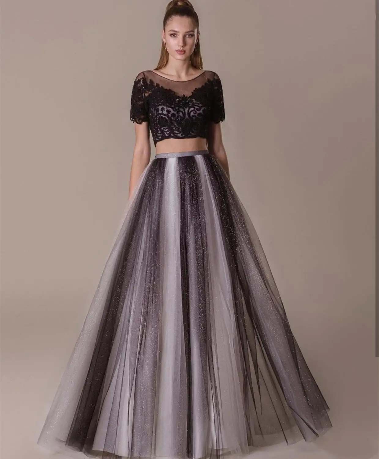 

Elegant Prom Dress 2021 Two Pieces A-Line Black Lace Appliques Shinny Luxury Custom Made Women Evening Dress Short Sleeve Back